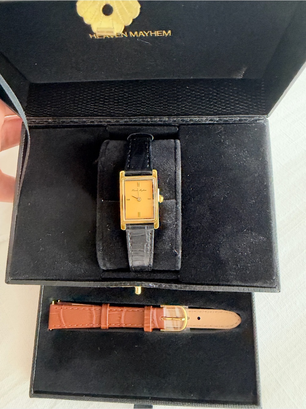 Classic Rectangular Gold-Tone Watch with Black Leather Strap